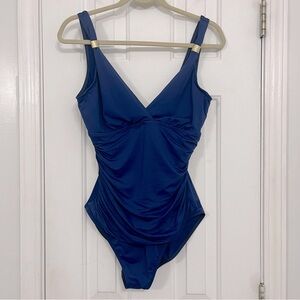 Lauren Ralph Lauren blue ruched bodice modest 1 piece swimsuit, size 12.